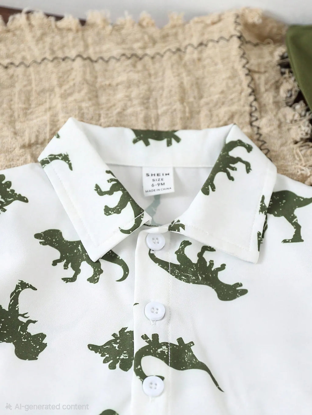 Boys Dinosaur Print Shirt and Shorts Co-Ord Set | White & Olive Green Summer Outfit
