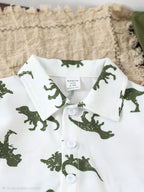 Boys Dinosaur Print Shirt and Shorts Co-Ord Set | White & Olive Green Summer Outfit